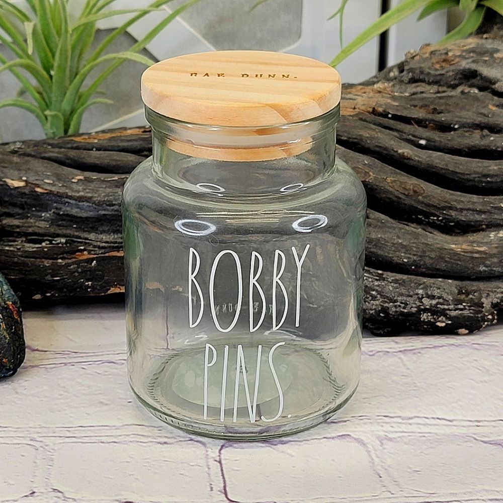 Rae Dunn BOBBY PINS Glass Jar Storage Container with Wooden Lid